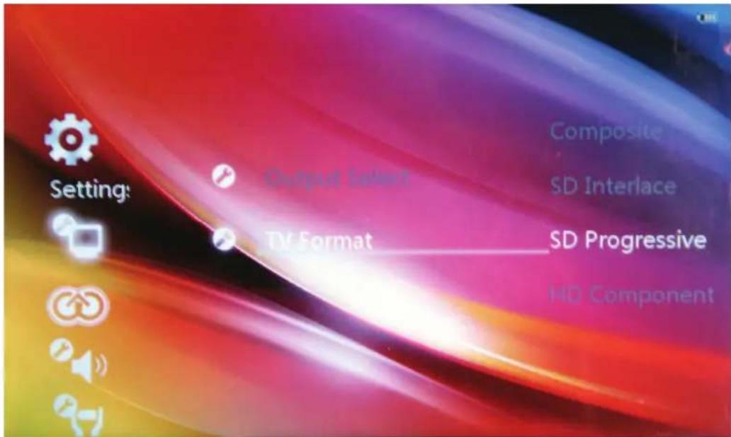 Settings Output Select TV Format Composite SD Interlace SD Progressive HQ Component
