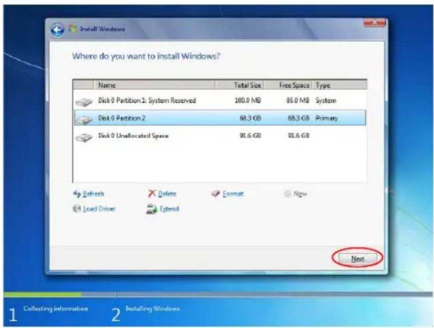 Where do you want to install Windows? Name Total Size Free Space Type Disk 0 Partition 1: System Reserved 100.0 MB 86.0 MB System Disk 0 Partition 2 68.3 GB 68.3 GB Primary Disk 0 Unallocated Space 91.6 GB 91.6 GB Refresh Delete Format Now Load Driver Extend Next 1 2 Installing Windows