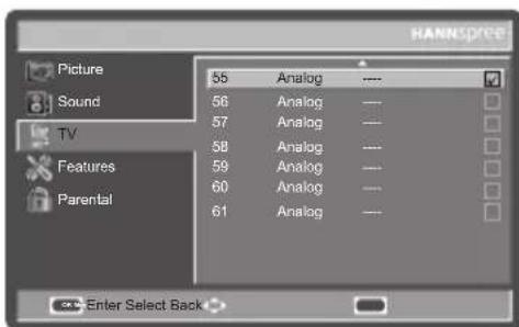 Picture Sound TV Features Parental 55 Analog .... 56 Analog .... 57 Analog .... 58 Analog .... 59 Analog .... 60 Analog .... 61 Analog .... Enter Select Back