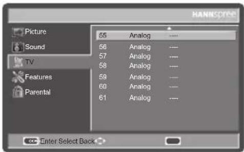 Picture Sound TV Features Parental 55 Analog ---- 56 Analog ---- 57 Analog ---- 58 Analog ---- 59 Analog ---- 60 Analog ---- 61 Analog ---- HANISOURCE Enter Select Back