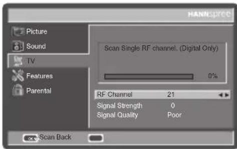 HANLLIPCC Picture Sound TV Features Parental Scan Single RF channel. (Digital Only) 0% RF Channel 21 Signal Strength 0 Signal Quality Poor Scan Back