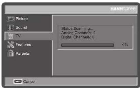 HANN.pree Picture Sound TV Features Parental Status: Scanning... Analog Channels: 0 Digital Channels: 0 0% Cancel