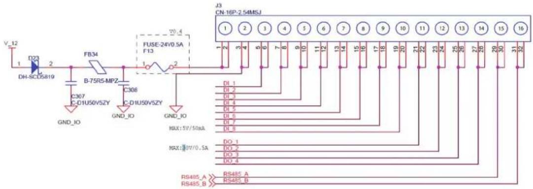 V_12 1 D23 2 DH-SCD5819 FB34 C307 C-D1U50V5ZY C308 C-D1U50V5ZY GND_IO GND_IO FUSE-24V0.5A F13 20.4 J3 CN-16P-2.54MSJ 1 2 3 4 5 6 7 8 9 10 11 12 13 14 15 16 DI 1 DI 2 DI 3 DI 4 DI 5 DI 6 DI 7 DI 8 MAX:5V/50mA MAX:30V/0.5A DO 1 DO 2 DO 3 DO 4 RS485_A RS485_B