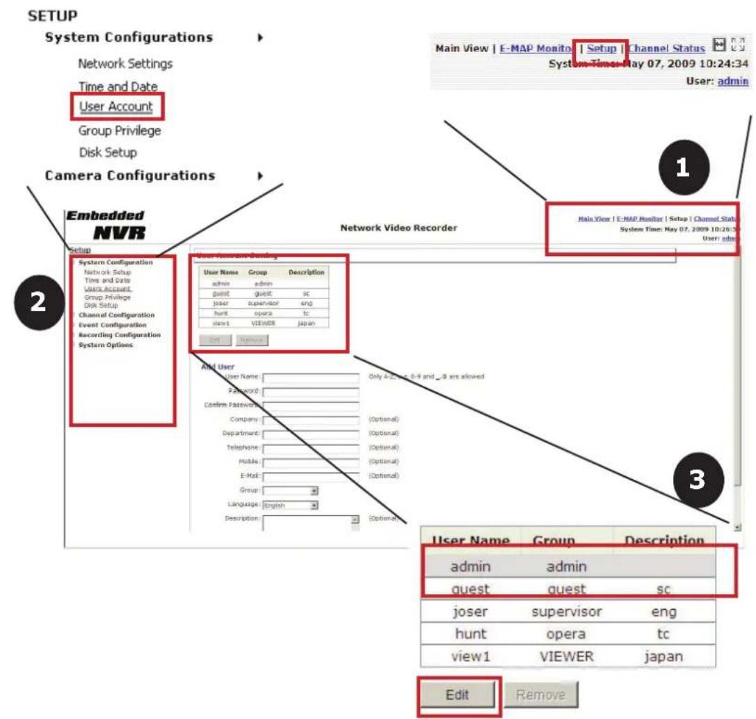 SETUP System Configurations Network Settings Time and Date User Account Group Privilege Disk Setup Camera Configurations Embedded NVR Setup System Configuration Network Setup Time and Date User Account Group Privilege Disk Setup Channel Configuration Event Configuration Recording Configuration System Options Network Video Recorder Main View | E-MAP Monitor | Setup | Channel Status System Time: May 07, 2009 10:24:34 User: admin 1 Main View | E-MAP Monitor | Setup | Channel Status System Time: May 07, 2009 10:24:34 User: admin 2 3 And User User Name: Only & ... & ... & are allowed F:\Users\* Confirm Passes\{ Company: (Optional) Department: (Optional) Telephone: (Optional) Policies: (Ostation) E-Mail: (Ostation) Group: (Green) Language: (Green) Description: (Orange) Edit Remove