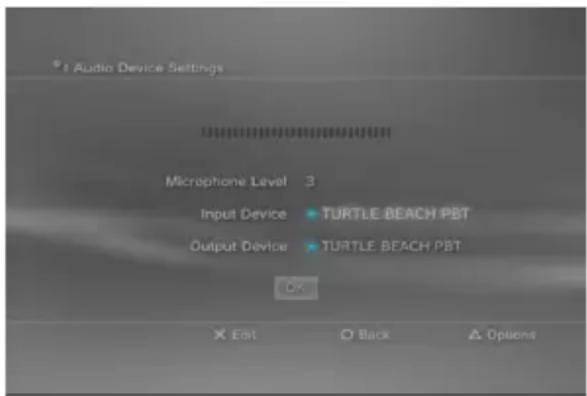 Audio Device Settings Microphone Level 3 Input Device • TURTLE BEACH PBT Output Device • TURTLE BEACH PBT OK × Edit ○ Back ▲ Options