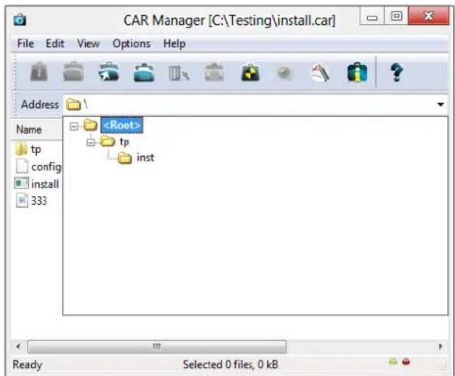 CAR Manager [C:\Testing\install.car] File Edit View Options Help Address Name tp config install 333 tp inst Ready Selected 0 files, 0 kB