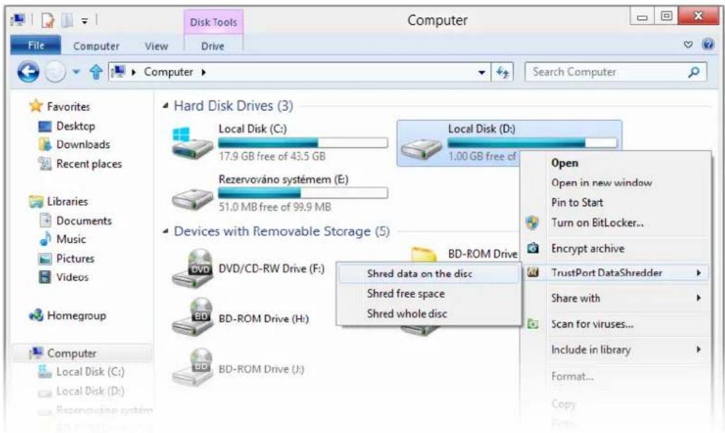 Disk Tools File Computer View Drive Computer Search Computer Favorites Desktop Downloads Recent places Libraries Documents Music Pictures Videos Homegroup Computer Local Disk (C:) Local Disk (C:) 17.9 GB free of 43.5 GB Rezervováno systémem (E:) 51.0 MB free of 99.9 MB Devices with Removable Storage (S) DVD/CD-RW Drive (F:) BD-ROM Drive (H:) BD-ROM Drive (J:) Hard Disk Drives (3) Local Disk (D:) 1.00 GB free of Shred data on the disc Shred free space Shred whole disc Open Open in new window Pin to Start Turn on BitLocker... Encrypt archive TrustPort DataShredder Share with Scan for viruses... Include in library Format... Copy