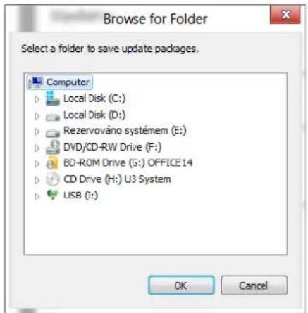 Browse for Folder Select a folder to save update packages. Computer Local Disk (C:) Local Disk (D:) Rezervováno systémem (E:) DVD/CD-RW Drive (F:) BD-ROM Drive (G:) OFFICE14 CD Drive (H:) U3 System USB (I:) OK Cancel