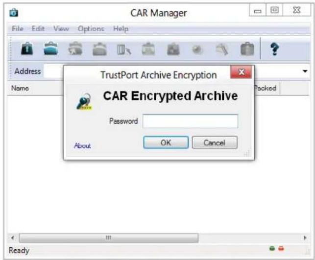 CAR Manager File Edit View Options Help Address Name TrustPort Archive Encryption CAR Encrypted Archive Password About OK Cancel Ready