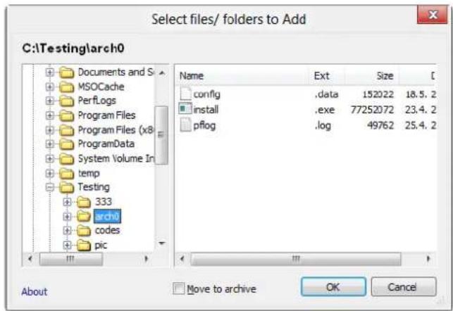 Select files/ folders to Add C:\Testing\arch0 Documents and S MSOCache PerfLogs Program Files Program Files (x8) ProgramData System Volume In temp Testing 333 arch0 codes pic Name Ext Size 1 config .data 152022 18.5.2 install .exe 77252072 23.4.2 pflog .log 49762 25.4.2 About Move to archive OK Cancel