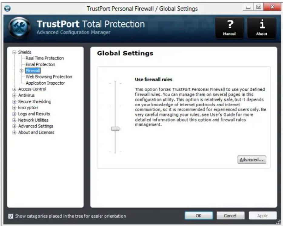TrustPort Personal Firewall / Global Settings TrustPort Total Protection Advanced Configuration Manager ? Manual i About Global Settings Use firewall rules This option forces TrustPort Personal Firewall to use your defined firewall rules. You can manage them on several pages in this configuration utility. This option is relatively safe, but it depends on your knowledge of internet protocols and internet communisation, so it is recommended for experienced users only. Be very careful managing your rules, see User's Guide for more detailed information about this option and firewall rules management. Advanced... Show categories placed in the tree for easier orientation OK Cancel Apply