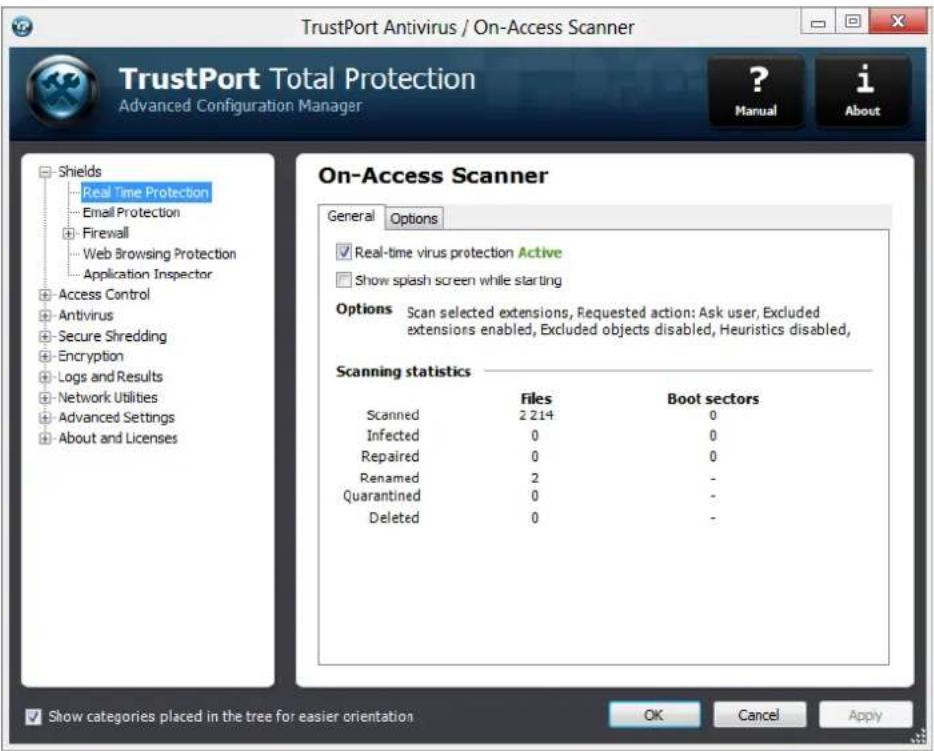TrustPort Antivirus / On-Access Scanner TrustPort Total Protection Advanced Configuration Manager ? Manual i About Shields Real Time Protection Email Protection Firewall Web Browsing Protection Application Inspector Access Control Antivirus Secure Shredding Encryption Logs and Results Network Utilities Advanced Settings About and Licenses On-Access Scanner General Options ✓ Real-time virus protection Active ✓ Show splash screen while starting Options Scan selected extensions, Requested action: Ask user, Excluded extensions enabled, Excluded objects disabled, Heuristics disabled, Scanning statistics Files Boot sectors Scanned 2 214 0 Infected 0 0 Repaired 0 0 Renamed 2 - Quarantined 0 - Deleted 0 - Show categories placed in the tree for easier orientation OK Cancel Apply