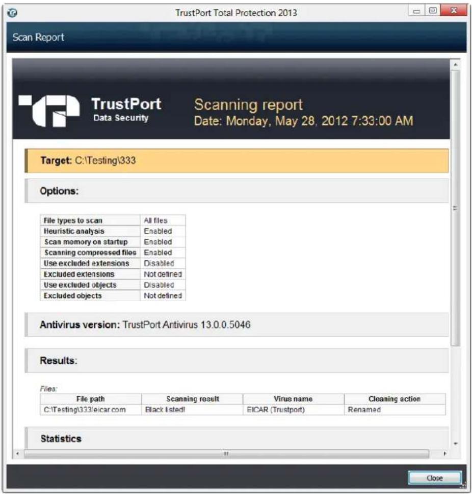 TrustPort Total Protection 2013 Scan Report TrustPort Data Security Scanning report Date: Monday, May 28, 2012 7:33:00 AM Target: C:\Testing\333 Options: File types to scan All files Heuristic analysis Enabled Scan memory on startup Enabled Scanning compressed files Enabled Use excluded extensions Disabled Excluded extensions Not defined Use excluded objects Disabled Excluded objects Not defined Antivirus version: TrustPort Antivirus 13.0.0.5046 Results: Files: C:\Testing\333\eicar.com Scanning result Virus name Cleaning action Black listed EICAR (Trustport) Renamed Statistics Close