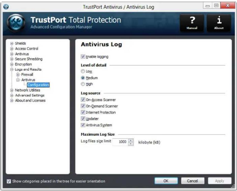 TrustPort Antivirus / Antivirus Log TrustPort Total Protection Advanced Configuration Manager ? Manual i About Antivirus Log Enable logging Level of detail Low Medium High Log source On-Access Scanner On-Demand Scanner Internet Protection Updater Antivirus System Maximum Log Size Log files size limit 1000 kilobyte (kB) Show categories placed in the tree for easier orientation OK Cancel Apply