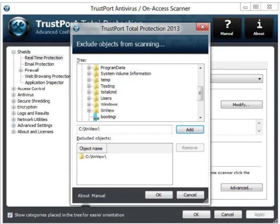 TrustPort Antivirus / On-Access Scanner TrustPort Total Protection 2013 Exclude objects from scanning... Tree: ProgramData System Volume Information temp Testing totalcmd Users Windows XnView bootmgr C:\XnView\ Add Excluded objects: Object name C:\XnView\ Remove About Manual OK Cancel Show categories placed in the tree for easier orientation OK Cancel Apply ? Manual i About