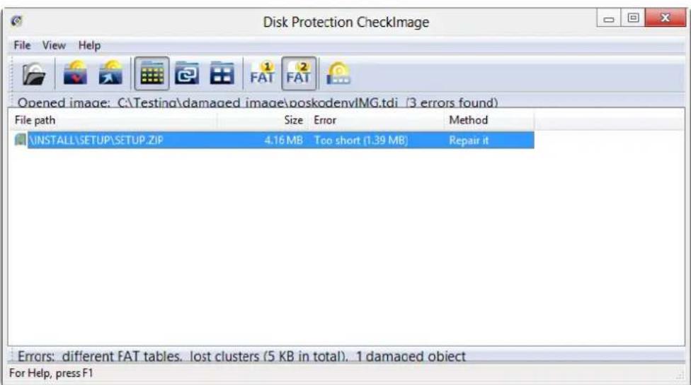 Disk Protection CheckImage File View Help Opened image: C:\Testing\damaged image\poskodenvIMG.tdi (3 errors found) File path Size Error Method \INSTALL\SETUP\SETUP_ZIP 4.16 MB Too short (1.39 MB) Repair it Errors: different FAT tables. lost clusters (5 KB in total). 1 damaged object For Help, press F1