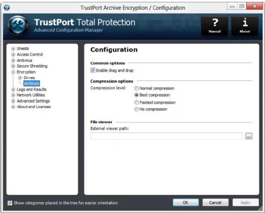 TrustPort Archive Encryption / Configuration TrustPort Total Protection Advanced Configuration Manager ? Manual i About Configuration Common options Enable drag and drop Compression options Compression level: Normal compression Best compression Fastest compression No compression File viewer External viewer path: Show categories placed in the tree for easier orientation OK Cancel Apply