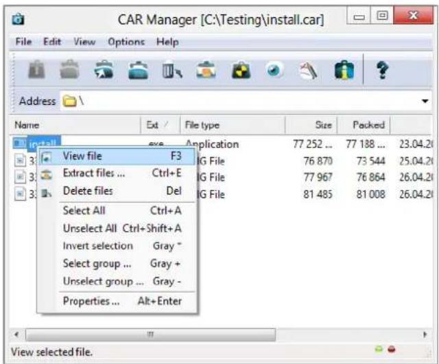 CAR Manager [C:\Testing\install.car] File Edit View Options Help Address \ Name Ext File type Size Packed View file F3 77 252 ... 77 188 ... 23.04.21 View file 76 870 73 544 25.04.21 Extract files ... Ctrl+E 77 967 76 864 26.04.21 Delete files Del 81 485 81 008 26.04.21 Select All Ctrl+A Unselect All Ctrl+Shift+A Invert selection Gray * Select group ... Gray + Unselect group ... Gray - Properties ... Alt+Enter View selected file.