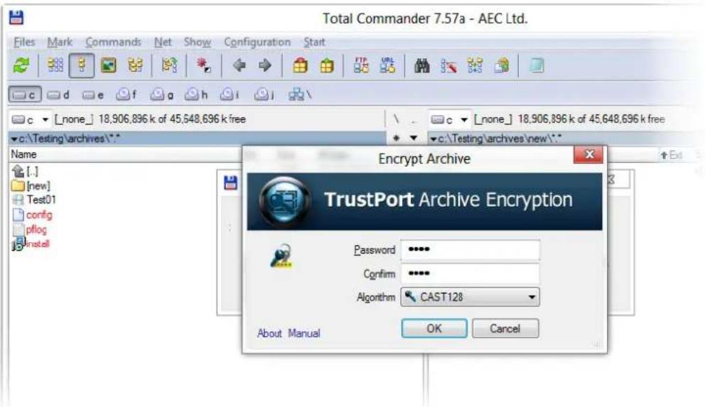 Total Commander 7.57a - AEC Ltd. Files Mark Commands Net Show Configuration Start c d e f g h i c [none] 18,906,896 k of 45,648,696 k free c:\Testing\archives\* Name [·] [new] Test01 config pflog instell Encrypt Archive TrustPort Archive Encryption Password ••••• Confirm •••••• Algorithm CAST128 About Manual OK Cancel