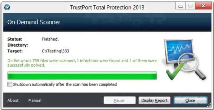 TrustPort Total Protection 2013 On-Demand Scanner Status: Finished. Directory: Target: C:\Testing\333 On the whole 735 files were scanned, 1 infections were found and 1 of them were successfully solved. Shutdown automatically after the scan has been completed About Manual Pause Display Report Close