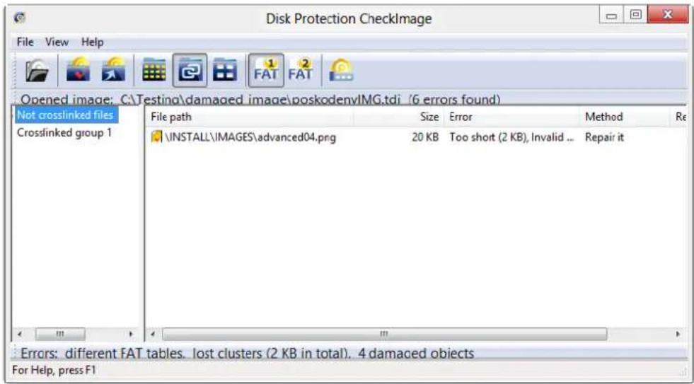 Disk Protection CheckImage File View Help Opened image; C:\Testing\damaged image\poskodenvIMG.tdi (6 errors found) Not crosslinked files Crosslinked group 1 File path Size Error Method Re \INSTALL\MAGES\advanced04.png 20 KB Too short (2 KB), Invalid ... Repair it Errors: different FAT tables. lost clusters (2 KB in total). 4 damaged objects For Help, press F1