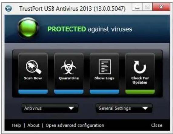 TrustPort USB Antivirus 2013 (13.0.0.5047) PROTECTED against viruses Scan Now Quarantine Show Logs Check For Updates Antivirus General Settings Help | About | Open advanced configuration Close