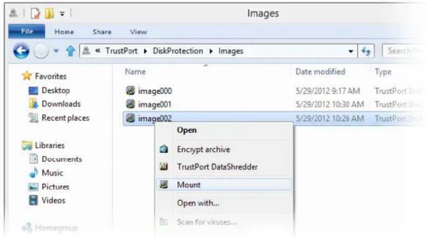 Images File Home Share View << TrustPort > DiskProtection > Images Search Favorites Desktop Downloads Recent places Libraries Documents Music Pictures Videos Homegroup Name Date modified Type image000 5/29/2012 9:17 AM TrustPort DataShredder image001 5/29/2012 10:30 AM TrustPort DataShredder image002 5/29/2012 10:26 AM TrustPort DataShredder Open Encrypt archive TrustPort DataShredder Mount Open with... Scan for viruses...
