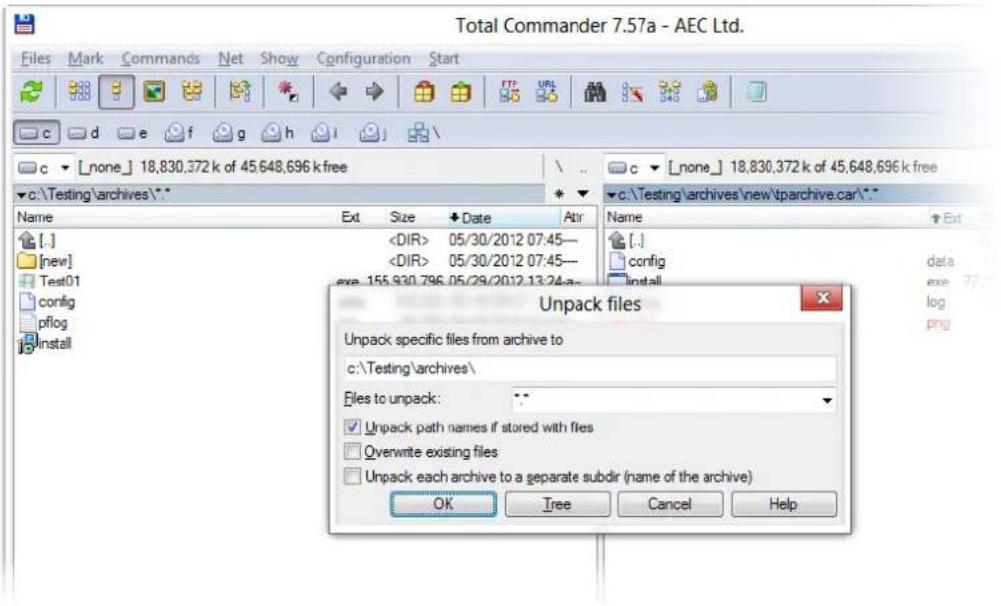 Total Commander 7.57a - AEC Ltd. Files Mark Commands Net Show Configuration Start c d e f g h i c _ [none] 18,830,372 k of 45,648,696 k free c:\Testing\archives\* Name Ext Size Date Atir Name [.] 05/30/2012 07:45— 05/30/2012 07:45— exe 155.930.796.05/29/2012.13.24-a- Unpack files Unpack specific files from archive to c:\Testing\archives\ Files to unpack: Unpack path names if stored with files Overwrite existing files Unpack each archive to a separate subdir (name of the archive) OK Tree Cancel Help