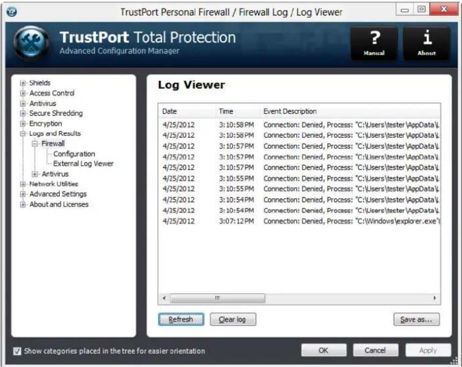 TrustPort Personal Firewall / Firewall Log / Log Viewer TrustPort Total Protection Advanced Configuration Manager ? Manual i About Log Viewer Date Time Event Description 4/25/2012 3:10:58 PM Connection: Denied, Process: "C:\Users\tester\AppData\. 4/25/2012 3:10:58 PM Connection: Denied, Process: "C:\Users\tester\AppData\. 4/25/2012 3:10:57 PM Connection: Denied, Process: "C:\Users\tester\AppData\. 4/25/2012 3:10:57 PM Connection: Denied, Process: "C:\Users\tester\AppData\. 4/25/2012 3:10:57 PM Connection: Denied, Process: "C:\Users\tester\AppData\. 4/25/2012 3:10:55 PM Connection: Denied, Process: "C:\Users\tester\AppData\. 4/25/2012 3:10:55 PM Connection: Denied, Process: "C:\Users\tester\AppData\. 4/25/2012 3:10:54 PM Connection: Denied, Process: "C:\Users\tester\AppData\. 4/25/2012 3:10:54 PM Connection: Denied, Process: "C:\Users\tester\AppData\. 4/25/2012 3:07:12 PM Connection: Denied, Process: "C:\Windows\explorer.exe\" Refresh Clear log Save as... Show categories placed in the tree for easier orientation OK Cancel Apply