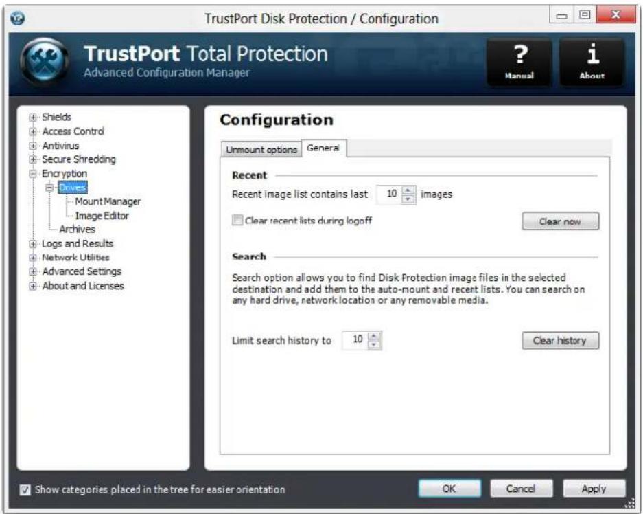 TrustPort Disk Protection / Configuration TrustPort Total Protection Advanced Configuration Manager ? Manual i About Shields Access Control Antivirus Secure Shredding Encryption Drives Mount Manager Image Editor Archives Logs and Results Network Utilities Advanced Settings About and Licenses Configuration Unmount options General Recent Recent image list contains last 10 images Clear recent lists during logoff Clear now Search Search option allows you to find Disk Protection image files in the selected destination and add them to the auto-mount and recent lists. You can search on any hard drive, network location or any removable media. Limit search history to 10 Clear history Show categories placed in the tree for easier orientation OK Cancel Apply