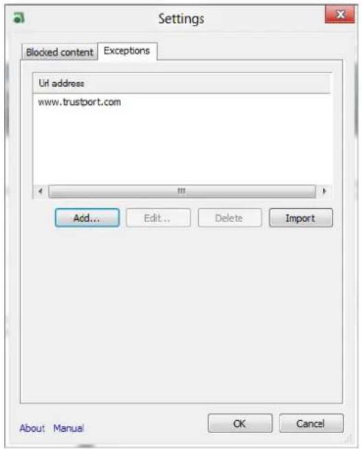 Settings Blocked content Exceptions Url address www.trustport.com Add... Edit... Delete Import About Manual OK Cancel