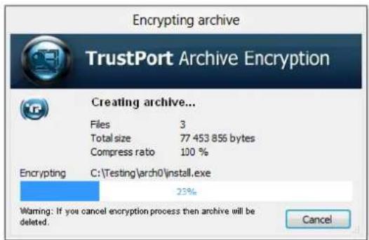 Encrypting archive TrustPort Archive Encryption Creating archive... Files 3 Total size 77 453 856 bytes Compress ratio 100 % Encrypting C:\Testing\arch0\install.exe 25% Warning: If you cancel encryption process then archive will be deleted. Cancel