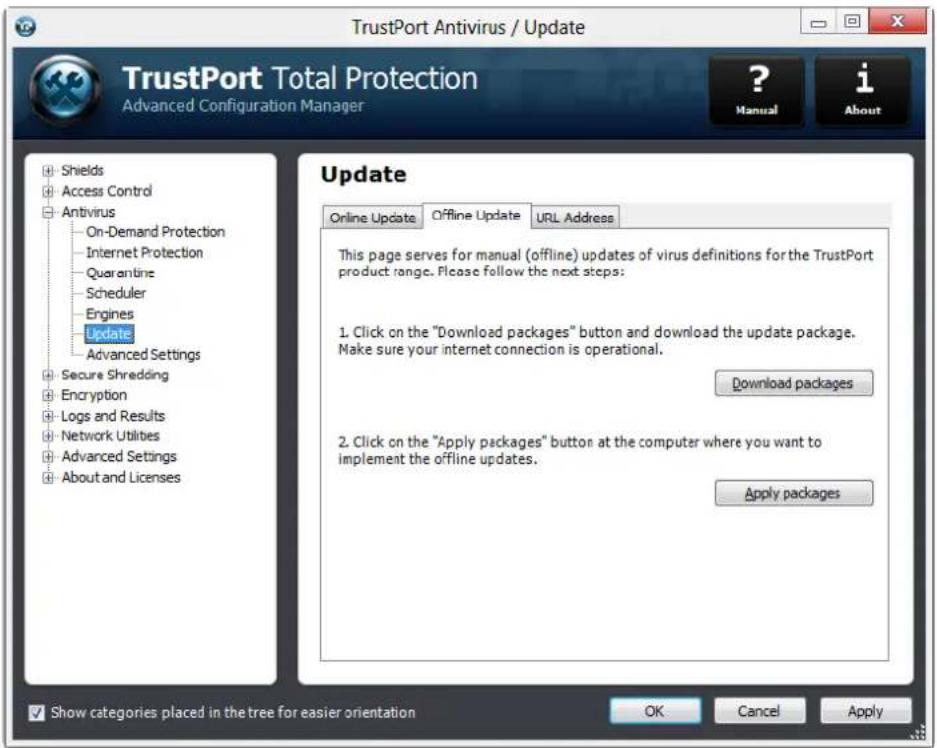 TrustPort Antivirus / Update TrustPort Total Protection Advanced Configuration Manager ? Manual i About Update Online Update Offline Update URL Address This page serves for manual (offline) updates of virus definitions for the TrustPort product range. Please follow the next steps: 1. Click on the "Download packages" button and download the update package. Make sure your internet connection is operational. Download packages 2. Click on the "Apply packages" button at the computer where you want to implement the offline updates. Apply packages Show categories placed in the tree for easier orientation OK Cancel Apply