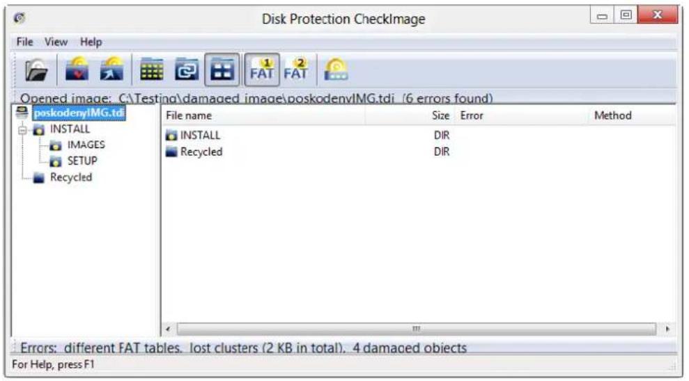 Disk Protection CheckImage File View Help Opened image: C:\Testing\damaged image\poskodenylMG.tdi (6 errors found) poskodenylMG.tdi INSTALL IMAGES SETUP Recycled File name Size ErrorHALO INSTALL DIR Recycled DIR Errors: different FAT tables. lost clusters (2 KB in total). 4 damaged objects For Help, press F1