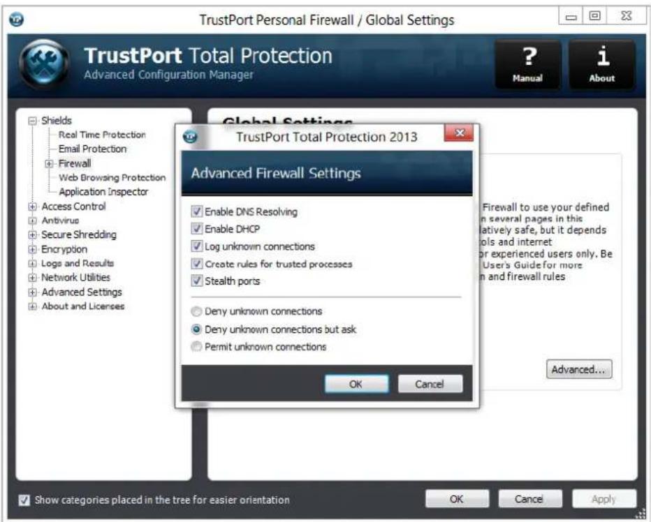 TrustPort Personal Firewall / Global Settings TrustPort Total Protection Advanced Configuration Manager ? Manual i About Global Settings TrustPort Total Protection 2013 Advanced Firewall Settings Enable DNS Resolving Enable DHCP Log unknown connections Create rules for trusted processes Stealth ports Deny unknown connections Deny unknown connections but ask Permit unknown connections OK Cancel Show categories placed in the tree for easier orientation OK Cancel Apply
