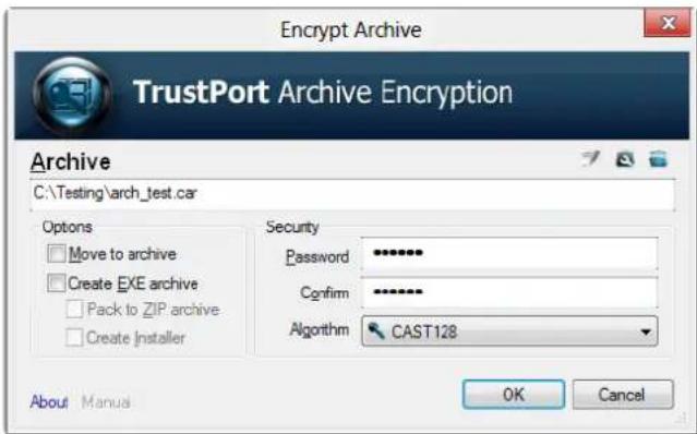 Encrypt Archive TrustPort Archive Encryption Archive C:\Testing\arch_test.car Options Move to archive Create EXE archive Pack to ZIP archive Create Installer Security Password Confirm Algorithm CAST128 About Manual OK Cancel