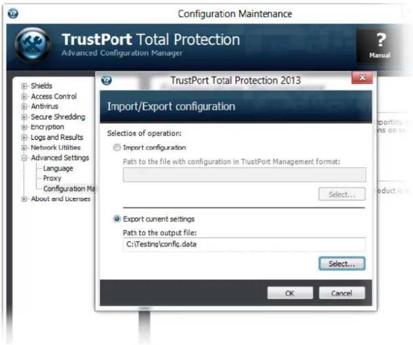 Configuration Maintenance TrustPort Total Protection Advanced Configuration Manager TrustPort Total Protection 2013 Import/Export configuration Selection of operation: Import configuration Path to the file with configuration in TrustPort Management format: Select... Export current settings Path to the output file: C:\Testing\config.data Select... OK Cancel