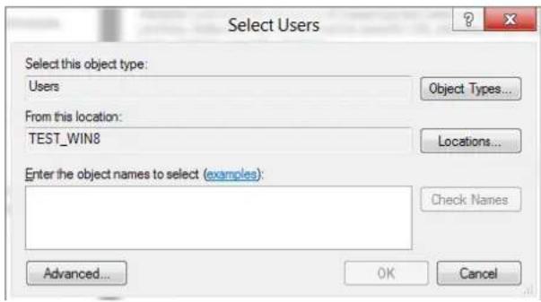 Select Users Select this object type: Users Object Types... From this location: TEST_WIN8 Locations... Enter the object names to select (examples): Check Names Advanced... OK Cancel