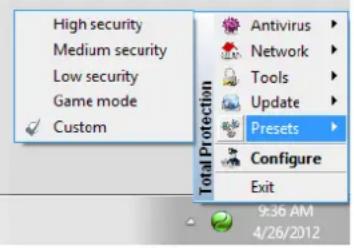 High security Medium security Low security Game mode Custom Total Protection Antivirus Network Tools Update Presets Configure Exit 9:36 AM 4/26/2012