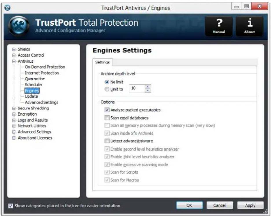 TrustPort Antivirus / Engines TrustPort Total Protection Advanced Configuration Manager ? Manual i About Shields Access Control Antivirus On-Demand Protection Internet Protection Quarantine Scheduler Engines Update Advanced Settings Secure Shredding Encryption Logs and Results Network Utilities Advanced Settings About and Licenses Engines Settings Archives depth level No limit Limit to 10 Options Analyze packed executables Scan email databases Scan all memory processes during memory scan (very slow) Scan inside Sfx Archives Detect adware/jskware Enable second level heuristics analyzer Enable third level heuristics analyzer Enable excessive scanning mode Scan for Scripts Scan for Macros Show categories placed in the tree for easier orientation OK Cancel Apply