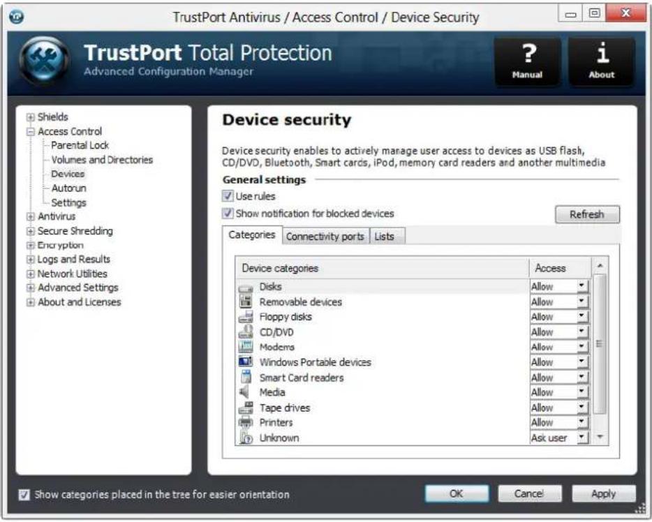 TrustPort Antivirus / Access Control / Device Security TrustPort Total Protection Advanced Configuration Manager ? Manual i About Device security Device security enables to actively manage user access to devices as USB flash, CD/DVD, Bluetooth, Smart cards, iPod, memory card readers and another multimedia General settings Use rules Show notification for blocked devices Refresh Categories Connectivity ports Lists Device categories Access Disks Allow Removable devices Allow Floppy disks Allow CD/DVD Allow Modems Allow Windows Portable devices Allow Smart Card readers Allow Media Allow Tape drives Allow Printers Allow Unknown Ask user Show categories placed in the tree for easier orientation OK Cancel Apply