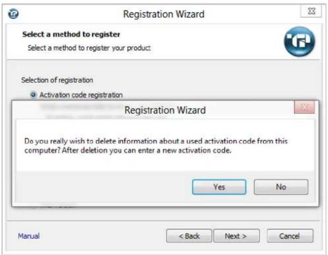 Registration Wizard Select a method to register Select a method to register your product Selection of registration Activation code registration Registration Wizard Do you really wish to delete information about a used activation code from this computer? After deletion you can enter a new activation code. Yes No Manual < Back Next > Cancel