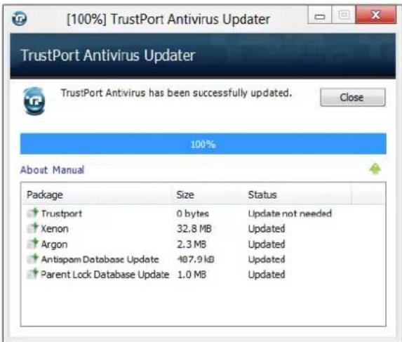 [100%] TrustPort Antivirus Updater TrustPort Antivirus Updater TrustPort Antivirus has been successfully updated. Close 100% About Manual Package Size Status Trustport 0 bytes Update not needed Xenon 32.8 MB Updated Argon 2.3 MB Updated Antispom Database Update 487.9 kB Updated Parent Lock Database Update 1.0 MB Updated