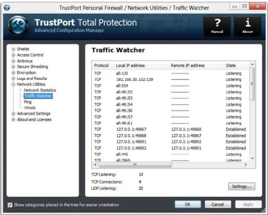 TrustPort Personal Firewall / Network Utilities / Traffic Watcher TrustPort Total Protection Advanced Configuration Manager ? Manual i About Traffic Watcher Protocol Local IP address Remote IP address State TCP all:135 ----- Listening TCP 192.158.30.152:139 ----- Listening TCP all:554 ----- Listening TCP all:49.152 ----- Listening TCP all:49.153 ----- Listening TCP all:49.154 ----- Listening TCP all:49.156 ----- Listening TCP all:49.157 ----- Listening TCP all:49.161 ----- Listening TCP 127.0.0.1:49867 127.0.0.1:49868 Established TCP 127.0.0.1:49868 127.0.0.1:49867 Established TCP 127.0.0.1:49891 127.0.0.1:49892 Established TCP 127.0.0.1:49892 127.0.0.1:49891 Established TCP all:445 ----- Listening TCP all:2869 ----- Listening TCP Listening: 13 TCP Connections: 4 UDP Listening: 20 Settings... Show categories placed in the tree for easier orientation OK Cancel Apply