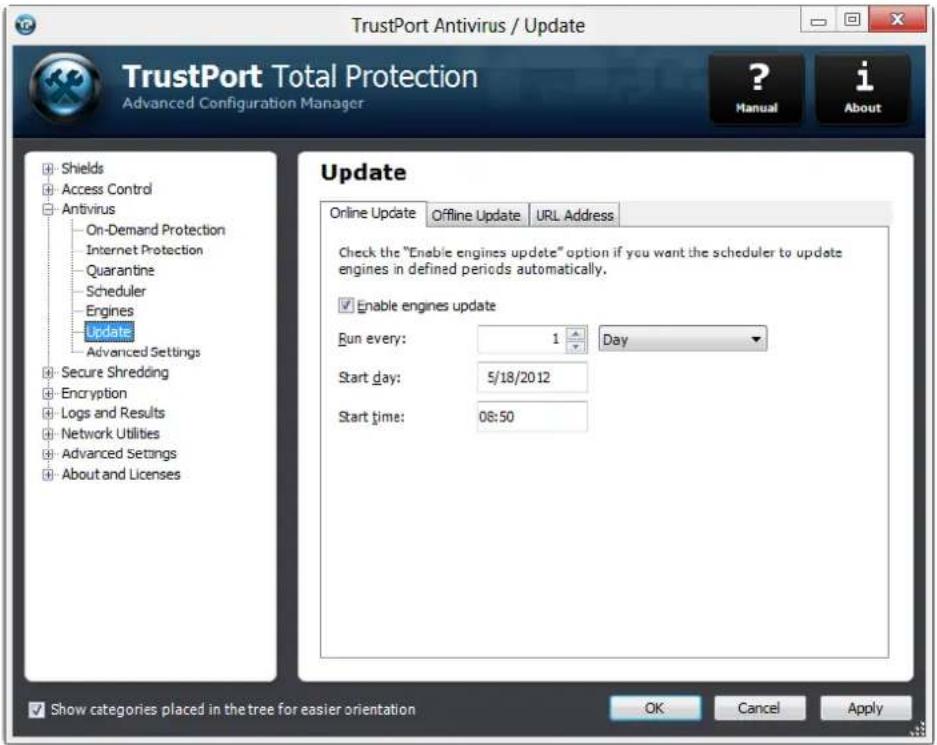 TrustPort Antivirus / Update TrustPort Total Protection Advanced Configuration Manager ? Manual i About Shields Access Control Antivirus On-Demand Protection Internet Protection Quarantine Scheduler Engines Update Advanced Settings Secure Shredding Encryption Logs and Results Network Utilities Advanced Settings About and Licenses Update Online Update Offline Update URL Address Check the "Enable engines update" option if you want the scheduler to update engines in defined periods automatically. Enable engines update Run every: 1 Day Start day: 5/18/2012 Start time: 08:50 Show categories placed in the tree for easier orientation OK Cancel Apply