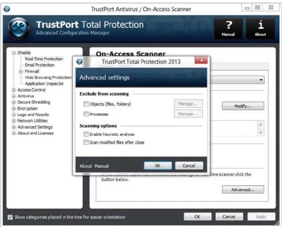 TrustPort Antivirus / On-Access Scanner TrustPort Total Protection Advanced Configuration Manager ? Manual i About On-Access Scanner TrustPort Total Protection 2013 Advanced settings Exclude from scanning Objects (files, folders) Manage... Processes Manage... Scanning options Enable heuristic analysis Scan modified files after close About Manual OK Cancel button below. Show categories placed in the tree for easier orientation OK Cancel Apply