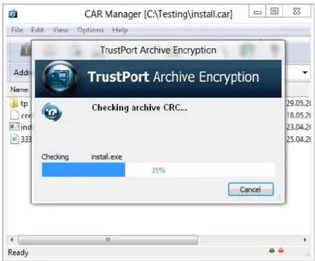 CAR Manager [C:\Testing\install.car] File Edit View Options Help TrustPort Archive Encryption Address Name tp con inst 333 TrustPort Archive Encryption Checking archive CRC... Checking install.exe 35% Cancel Ready