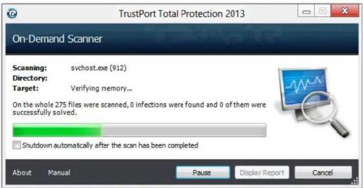 TrustPort Total Protection 2013 On-Demand Scanner Scanning: svchost.exe (912) Directory: Target: Verifying memory... On the whole 275 files were scanned, 0 infections were found and 0 of them were successfully solved. Shutdown automatically after the scan has been completed About Manual Pause Display Report Cancel