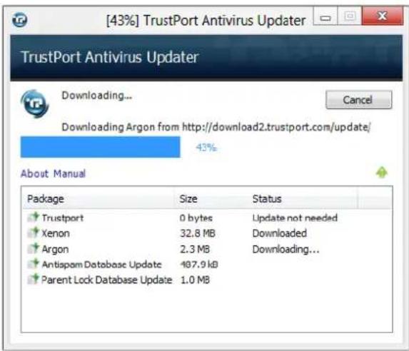 [43%] TrustPort Antivirus Updater TrustPort Antivirus Updater Downloading... Cancel Downloading Argon from http://download2.trustport.com/update/ 43% About Manual Package Size Status Trustport 0 bytes Update not needed Xenon 32.8 MB Downloaded Argon 2.3 MB Downloading... Antispom Database Update -197.9 kB Parent Lock Database Update 1.0 MB