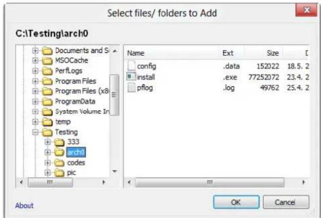Select files/ folders to Add C:\Testing\arch0 Documents and S MSOCache PerfLogs Program Files Program Files (x8) ProgramData System Volume In temp Testing 333 arch0 codes pic Name Ext Size config .data 152022 18.5.2 install .exe 77252072 23.4.2 pflog .log 49762 25.4.2 About OK Cancel